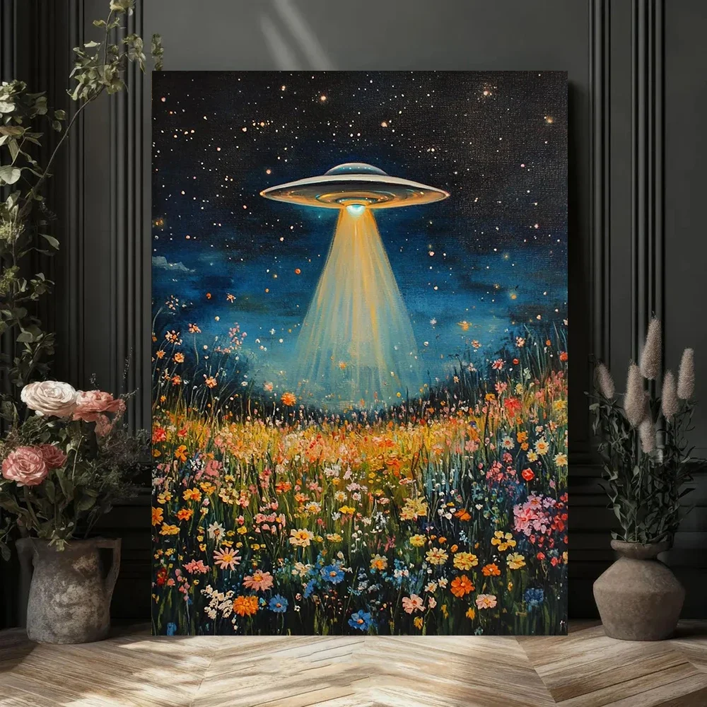 Multiple sizes 1pc frameless Canvas Painting,UFO Wildflowers Night Sky Floral Poster and Prints Canvas Painting Wall Art Picture