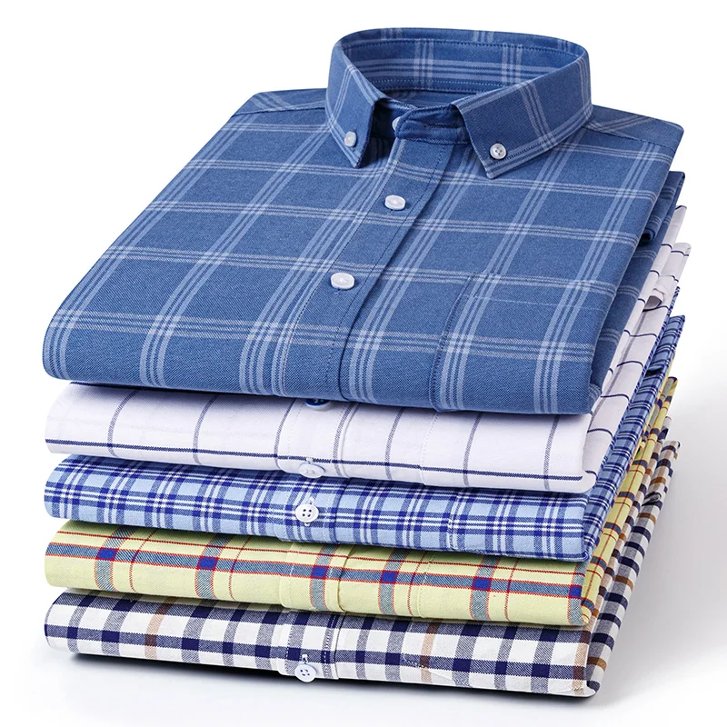 100%Pure Cotton Men Shirt  Long-Sleeve Shirts Pocket Slim Fit Casual Oxford Plain Shirt Soft Plaid Striped Male Clothes 5XL 6XL