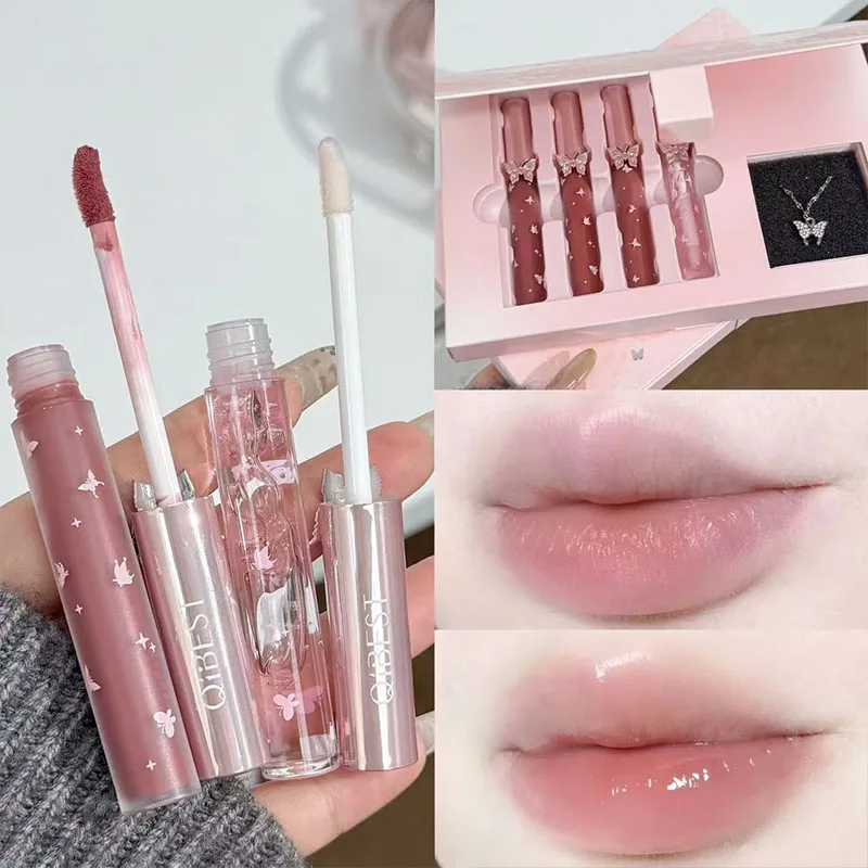 QIBEST New Feather Butterfly Soft Color Lip Makeup Kit Include 3*Matte Liquid Lipstick And 1*Lip Oil Cosmetics Set With Necklace