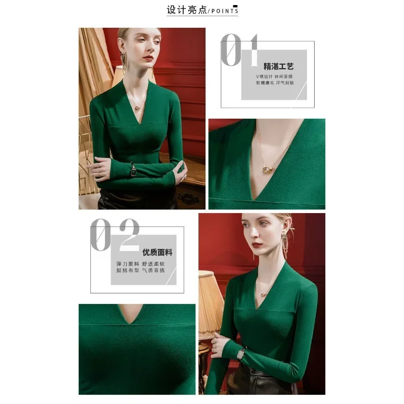 2025 الخامس الرقبة نحى بلون قاع طويلة الأكمام تي شيرت المرأة ضئيلة الخريف نمط تنوعا #5