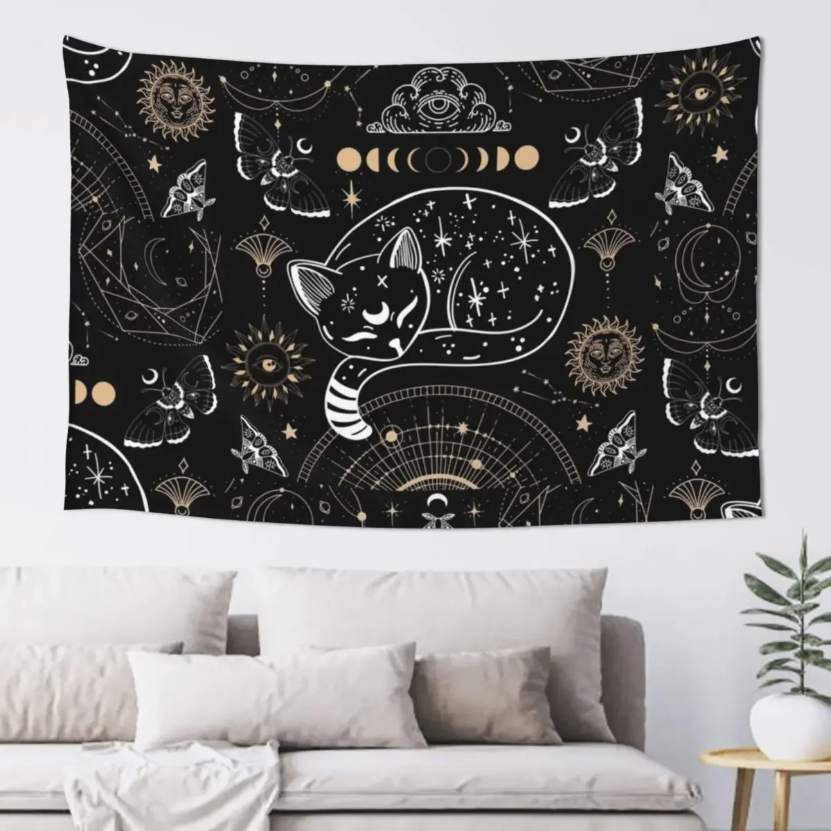

Cat Luna Moth Moon Phases Dark Academia Aesthetic Occult Goth - Wicca Graphic Illustration - Night Sky Sleeping Kitten Tapestry
