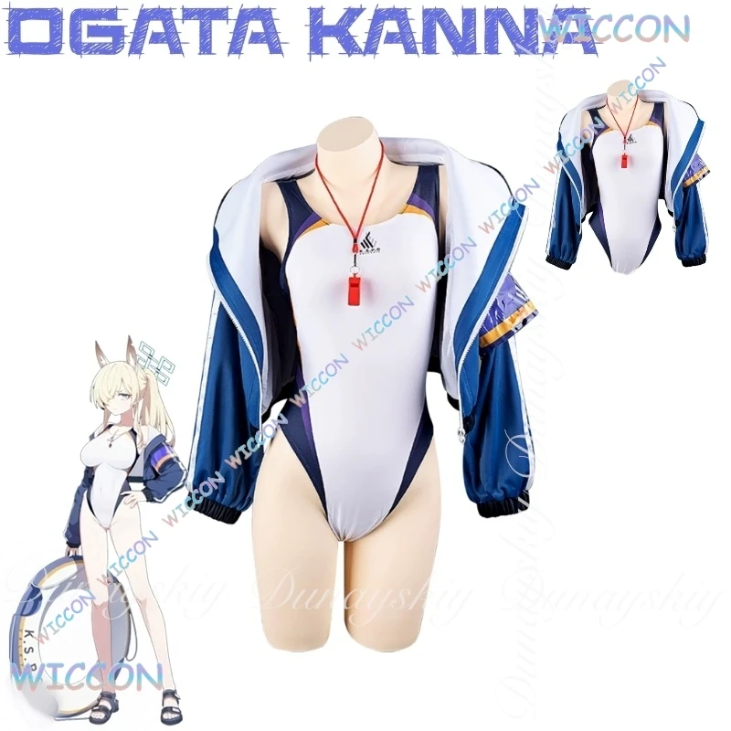 Traje de baño blanco y azul, juego de archivo Moe/azul, Ogata Kanna, Cosplay con peluca larga dorada clara con abrigo azul, disfraz de Cosplay completo