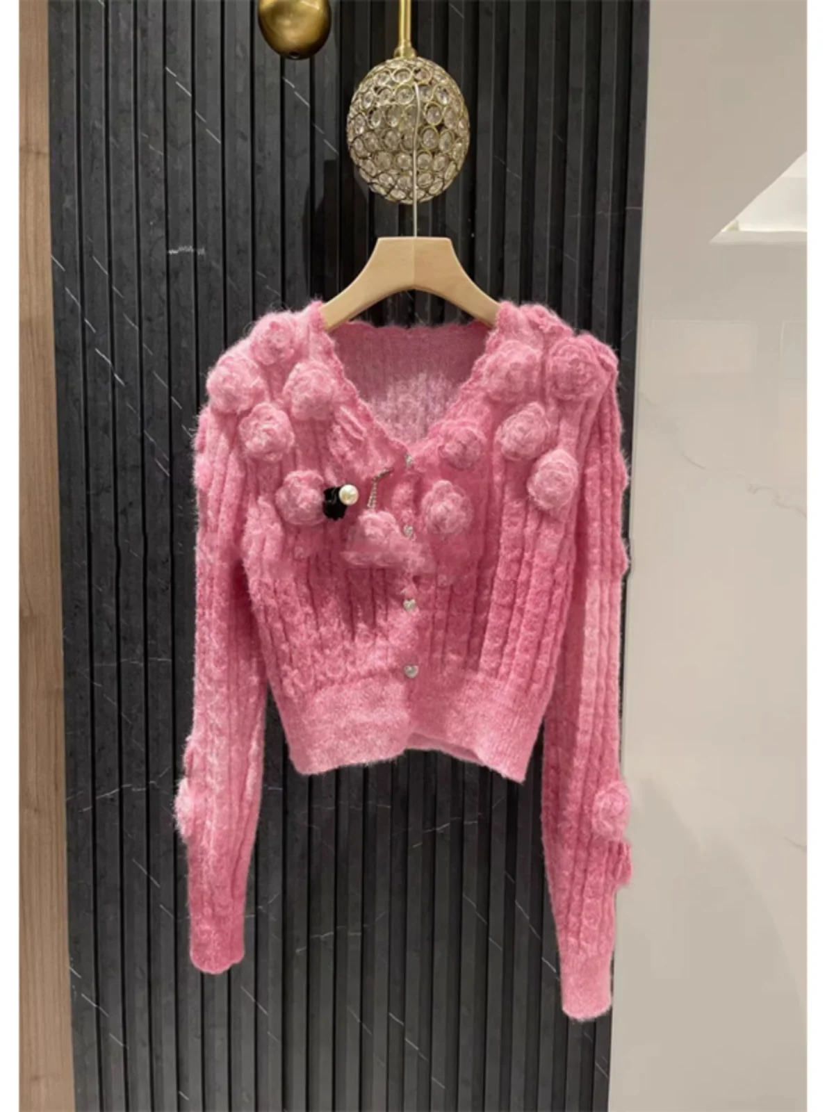 

Ele V-Ne Knitted Open Cardigan Women's ort Outerwear Hollow out Sweater 3D Flower Decorations Korean Sle Loose Fit