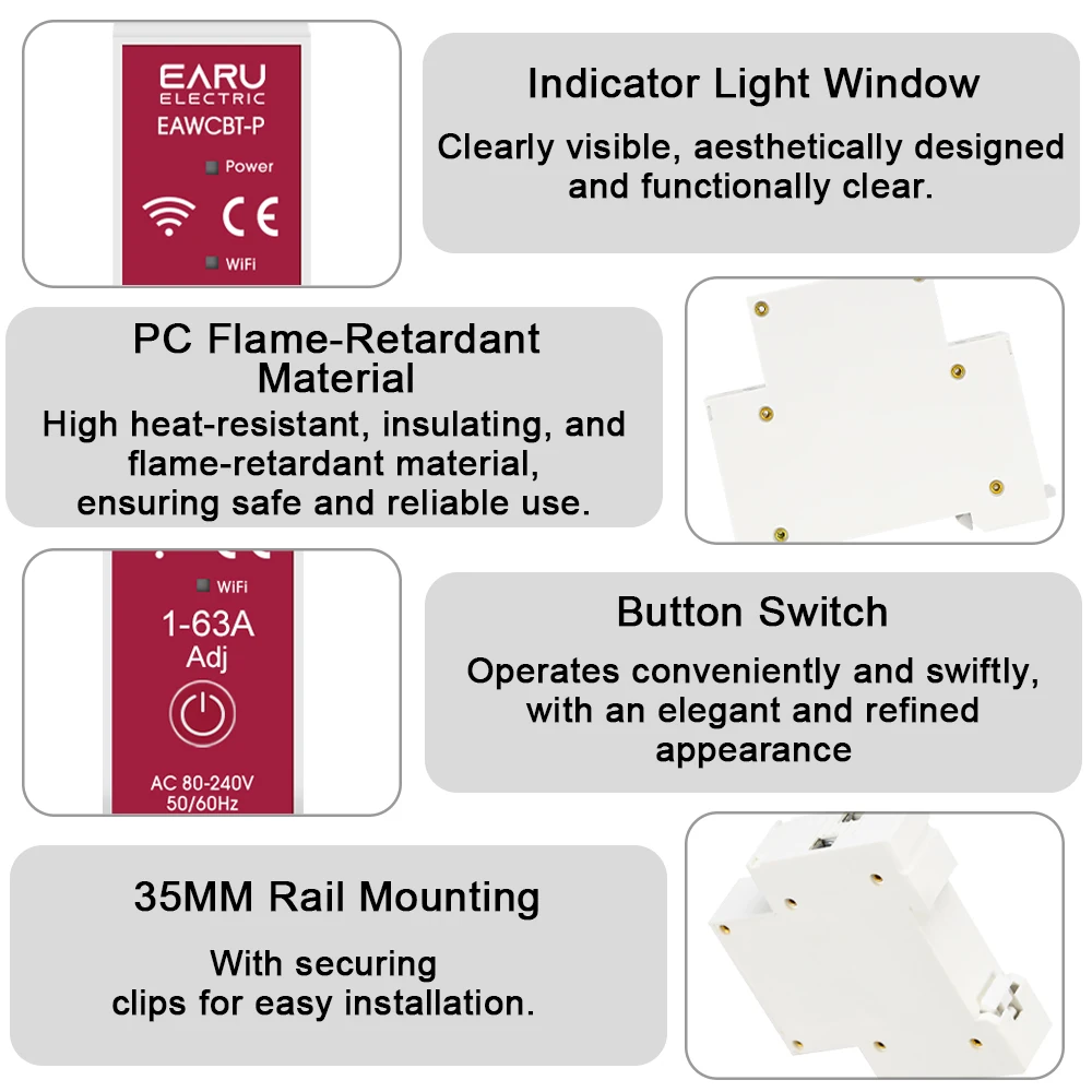 EARU Tuya App Smart WiFi MCB Schutzschalter Strom-Spannungs-Leistungs-Energie-kWh-Zähler Schutzschalter Timer Relais Schalter Fernbedienung – Detail 10