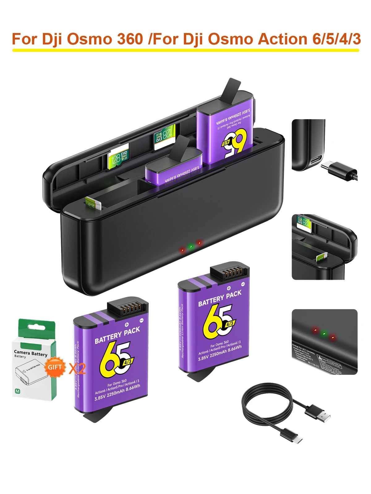 Bateria 2250mAh do DJI Osmo Action 5 Pro Action 4/3 z 3-kanałową szybką ładowarką do DJI Osmo 360 Action 6 Akcesoria (2battery 1charger) — Zdjęcie 2 z 2