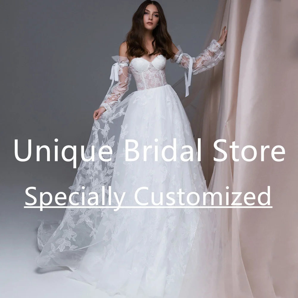 Customized Fashion A-Line Tulle Wedding Dress Applique Sweetheart Detachable Long Sleeves Lace-up Bow Lace Bridal Dresses Bride