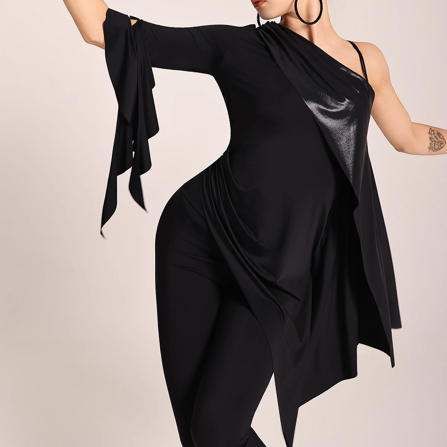Irregular Latin Dance Tops Women Rumba Ballroom Dance Clothes Black Beveled Tops Adult Latin Dance Performance Clothing  BL16925