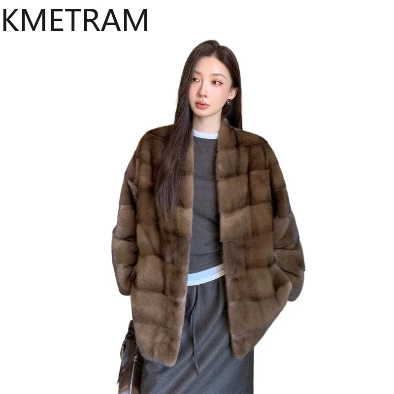 KMETRAM Real Purple Label Velvet Mink Fur Coat Woman V-Neck Whole Mink Fur Jacket Luxury Winter Coats Women Clothing 75cm 2026