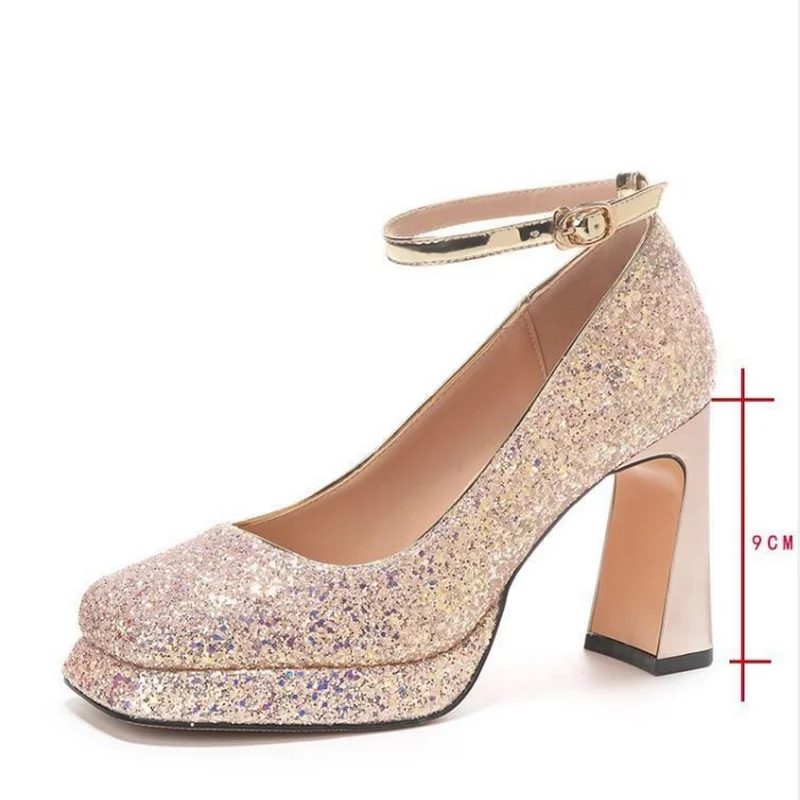 FHC 2024 Spring Wedding Shoes,Crystal High Heels,Women Pumps,Square Toe,Ankle Buckle Strap,Shining Champagne,Silver,Dropship