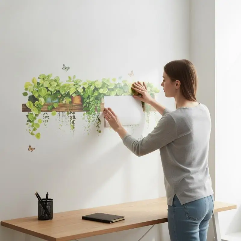 Waterproof Hanging Green Plant Wall Decals Cute Butterfly Vivid Leaves Stickers for Kitchen Home Wall Decor