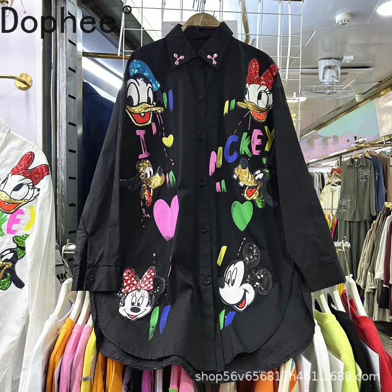 

Hand Drawn Sequins Cartoon Long Sleeve Women Blouses All-match Mid-long Loose Cardigans Top Spring Autumn Casual Female Shirts