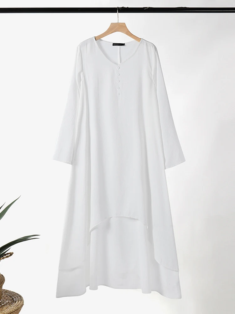 ZANZEA ผู้หญิงชุดยาวลําลองหลวมไม่สม่ําเสมอ Hem Maxi Robe แฟชั่นแขนยาว Basic Vestidos วันหยุด V คอปุ่ม Robe