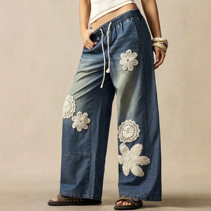 Women Boho Crochet Lace Wide Leg Jeans Elastic Drawstring Waist Loose Floor Length Straight Denim Pants Vintage Spliced Trousers