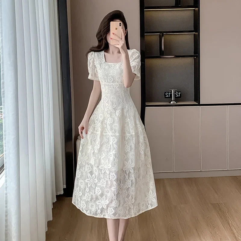 

2024 Summer New Women Dress French Elegant Square Neck Short Puff Sleeve Lace Hook High Waist Slim A Line Long Dresses Female