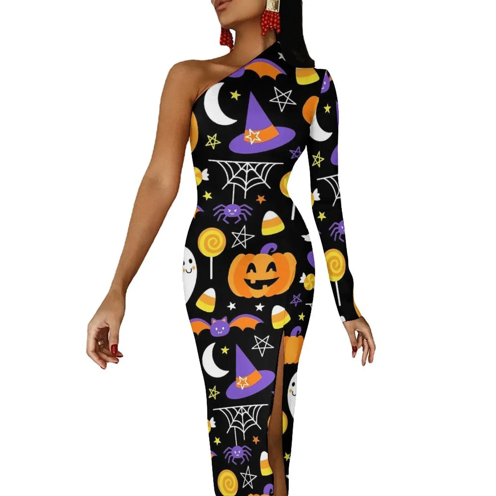 Happy Haunts Langes Kleid Weiblich Gruselig Niedlich Halloween Street Wear Maxikleid Frühling Vintage Figurbetonte Kleider Hoher Schlitz Vestidos