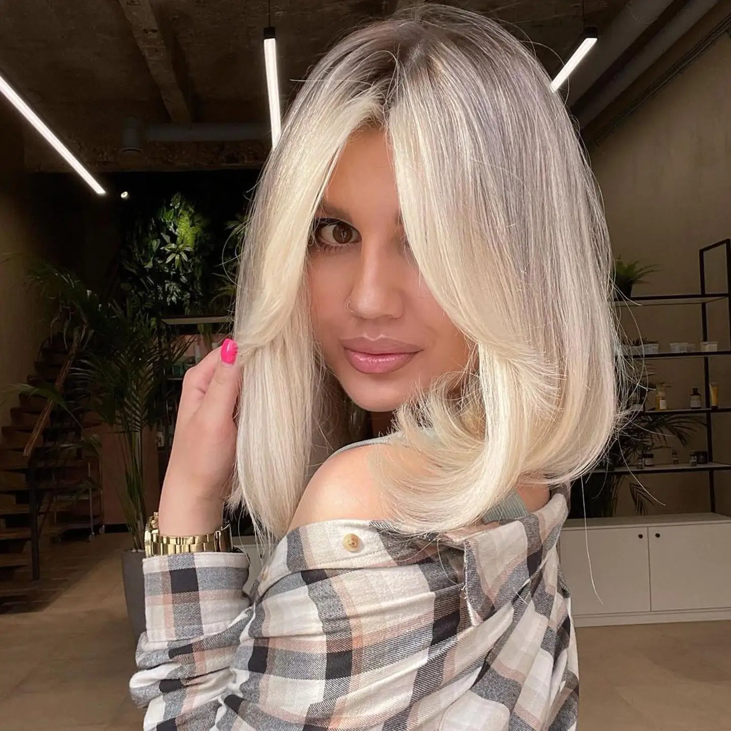 Natural Rooted Light Ash Blonde Lob Natural Wig with Face Framing Bangs Silky Straight Synthetic Heat Resistant Soft Wigs Daily
