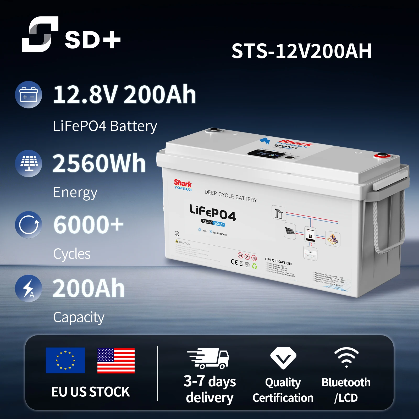 

Литиевая батарея SANDISOLAR LiFePO4 12В 200Ач 2560Втч, 100Ач, 6000 циклов с BMS для хранения солнечной энергии, инвертор, наличие на складах в ЕС и США