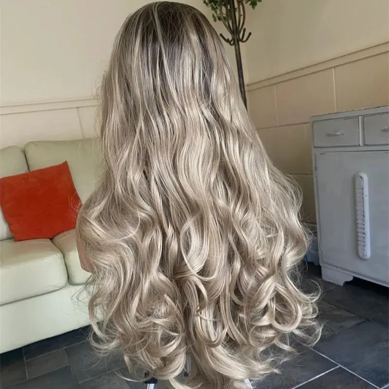 

Ombre Highlight Ash Blonde 13x4 Synthetic HD Lace Front Wigs for Women ong Wavy Brunette Blonde Wig Dark Roots Blend Human Hair