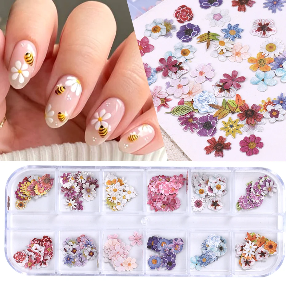 꽃 나무 펄프 칩 네일 스팽글 데이지, 간단한 잎 꽃 디자인 필러, 플레이크 슬라이스, 여름 매력 매니큐어 장식, 12 그리드