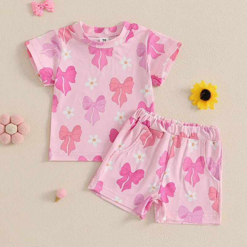 

Cute Toddler Girls Outfit Set with Bow Print Top and Elastic Waistband Shorts Short Sleeve Round Neck Tee and Pockets Shorts