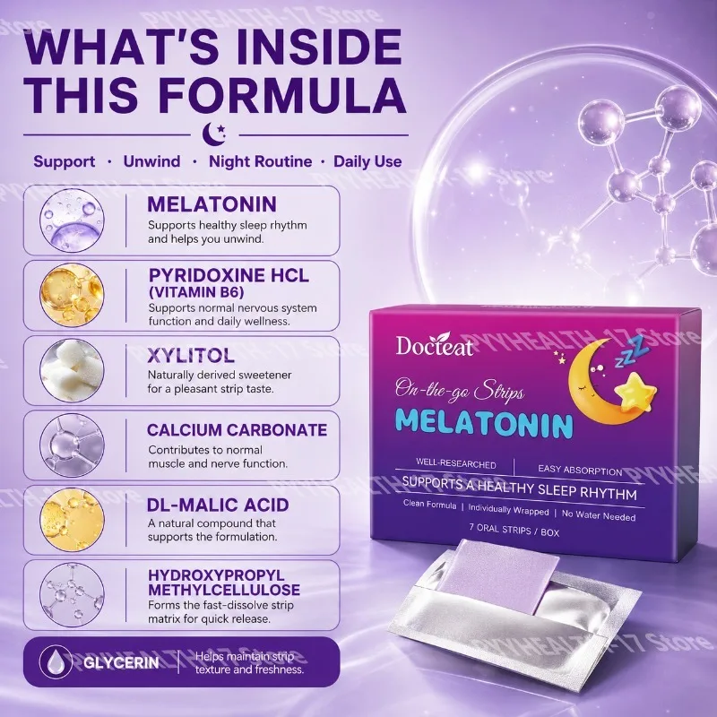 Docteat Melatonin Oral Strips with Vitamin B6, Fast Dissolve Sleep Rhythm Support No Water Needed Individually Wrapped 7 Strips