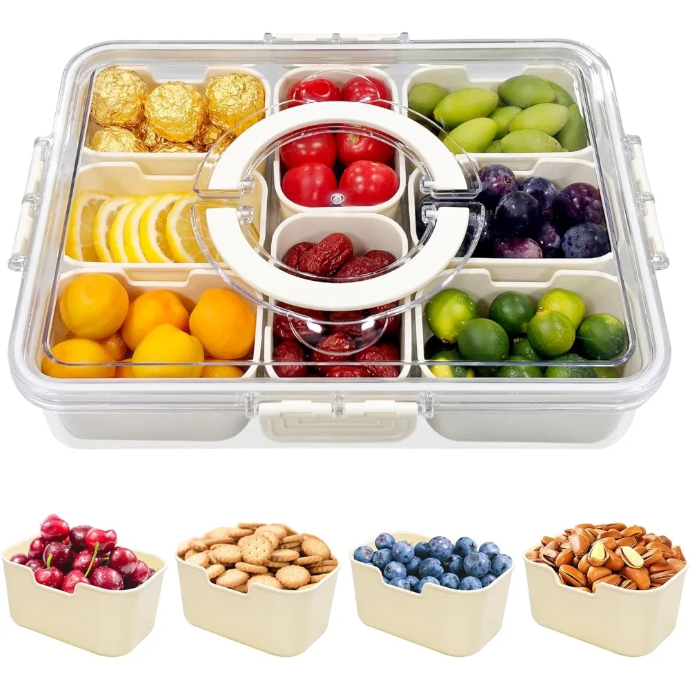 

Snack Box Container Divided Serving Tray with Lid and Handle Snackle Box Container Snack Organizer for Fruit Vegetables