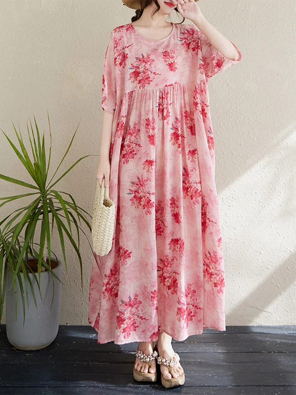 

n Print Maxi Dr round Ne ort Sve plus Size Summer New Sle Pink Floral over Knee Length Women's Clothing