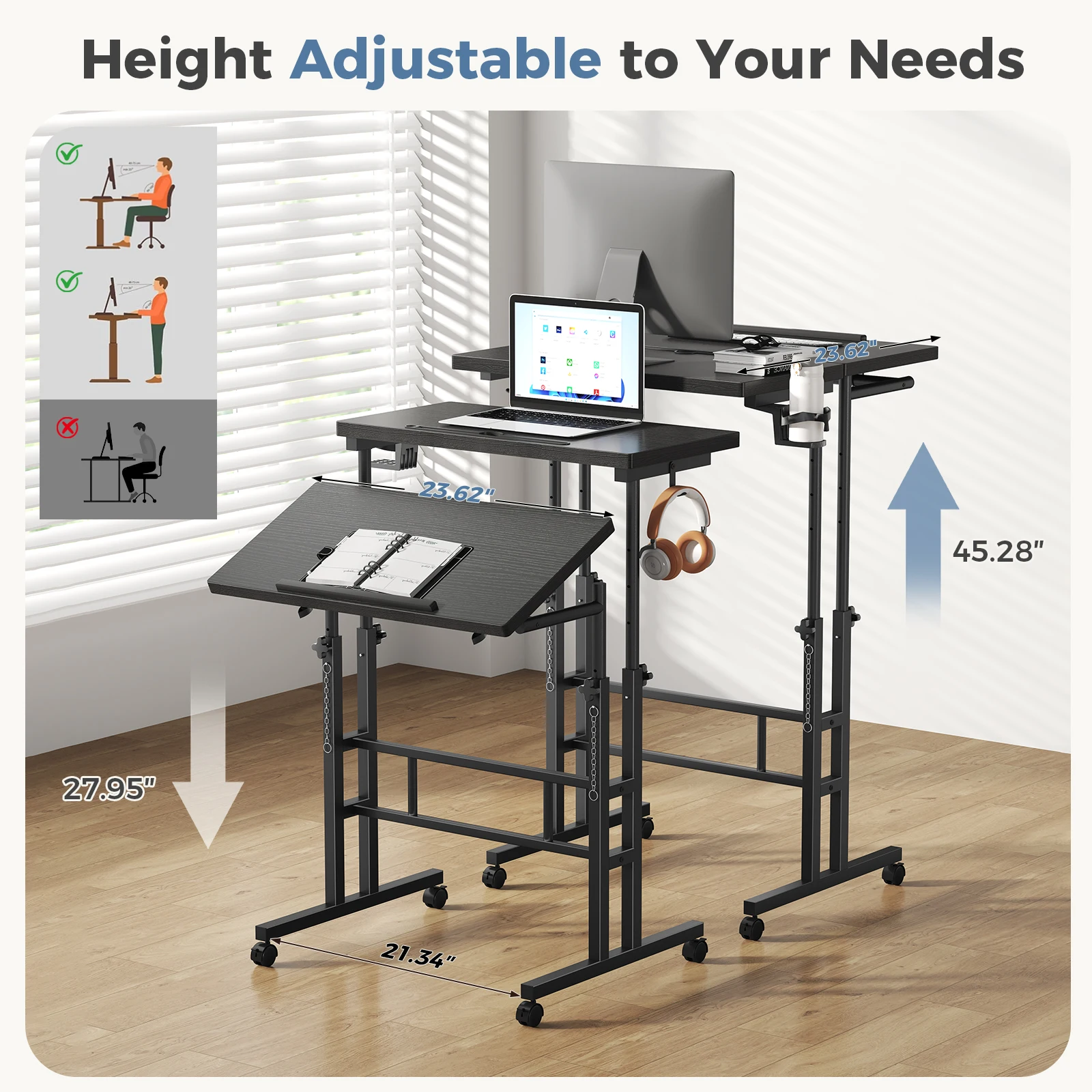 MCQ 23.6 Inch Rolling Standing Computer Desk Mobile Ergonomic Height Adjustable Computer Desk Corner Gaming Desk Gaming Table for Home Office Use Workstation