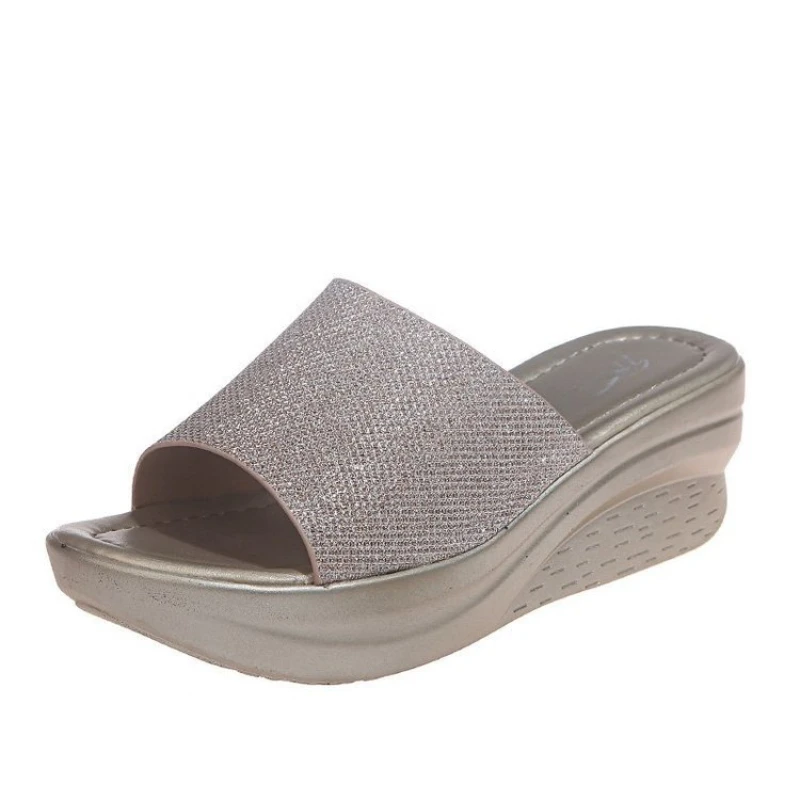 2024 New Slippers  Sequin Wedge Summer Plus SizeRome Sandals Fashion Female Thick Sole Shoes Retro Beach Slides Women