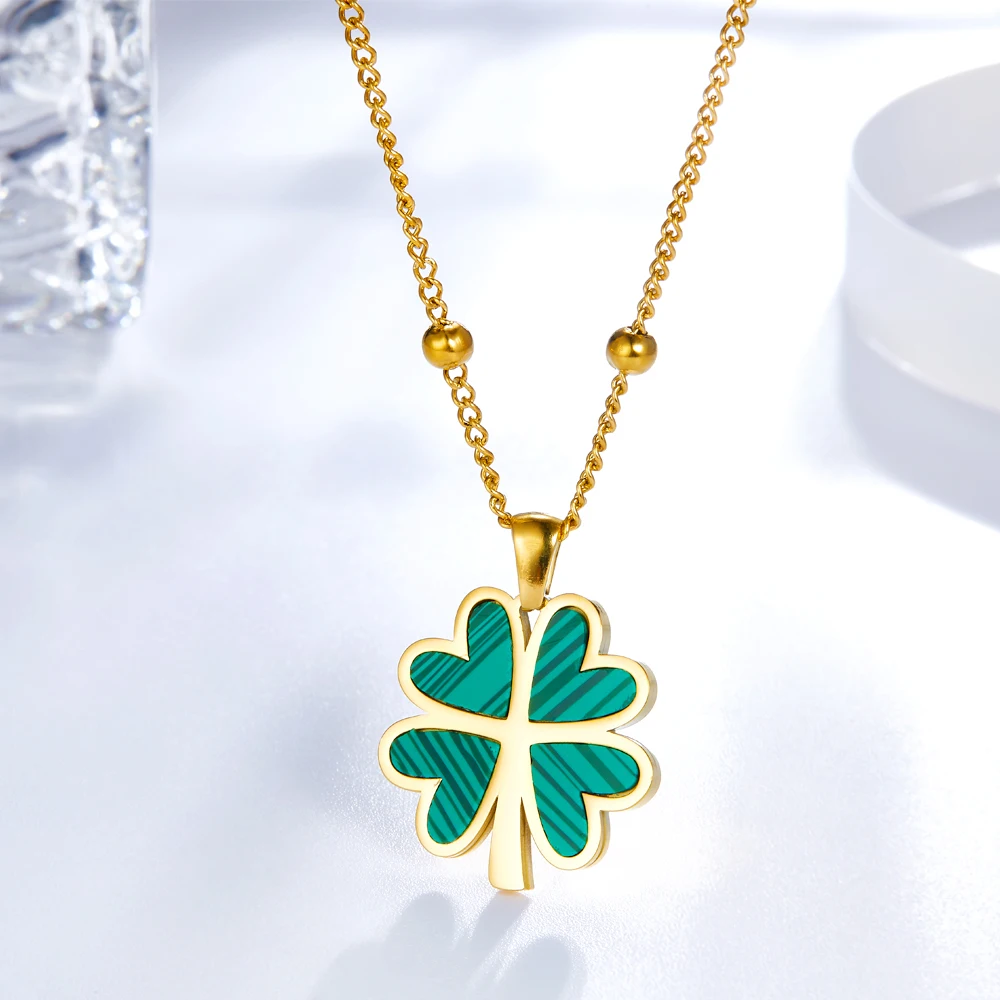 ASONSTEEL Pendant Necklace Green Four-Leaf Clover Charm Trendy Necklace Gold Color Stainless Steel 45+5cm For Women Daily Choker