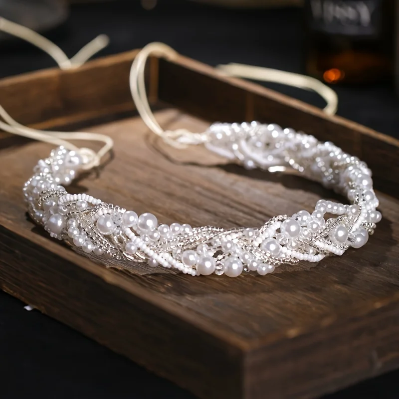 Tiara Ikat Kepala Mutiara Warna Perak untuk Wanita Hadiah Ikat Kepala Perhiasan Aksesori Rambut Pernikahan Pengantin Kristal Berlian Imitasi Pengantin Wanita