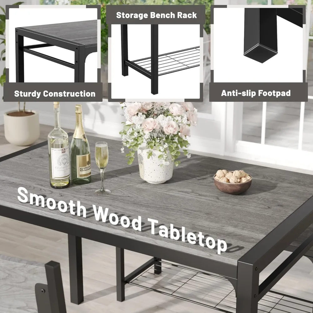 

43.3" Dining Table Set for 4, Kitchen Table with Bench & 2 Chairs Modern Rectangular Metal Frame Dining Furniture Set