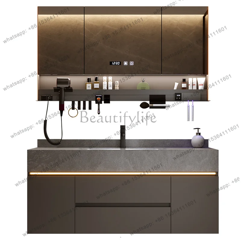 Bathroom Cabinet with Rock Plate Integrated Basin Bathroom Vanity Cabinet with Sink Smart Mirror Combination