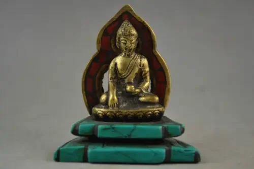 Rare Old Copper & Turquoise Carving A Tibet Buddha Prayer Peace Showily Statue