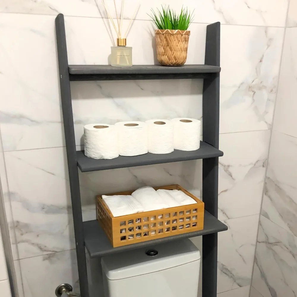 3-Tier Freestanding Above Toilet Storage Ladder Shelf, Standing Space Saver Behind Toilet Small Bathroom Organizer