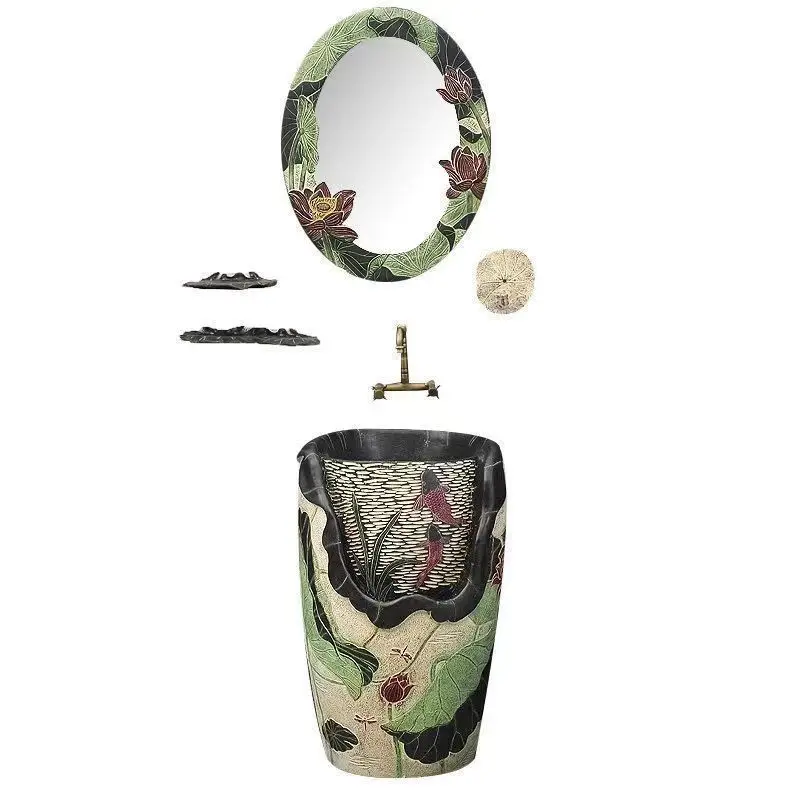 

Chinese column type wash basin home art retro hot and cold faucet