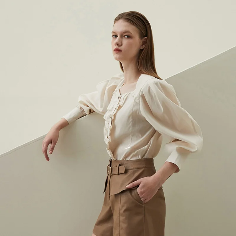 

Sweet Pleated Sash Versatile Slimming Top Shirt Korean Style Commute Long Sleeve Button Detail Regular Length Pure Color