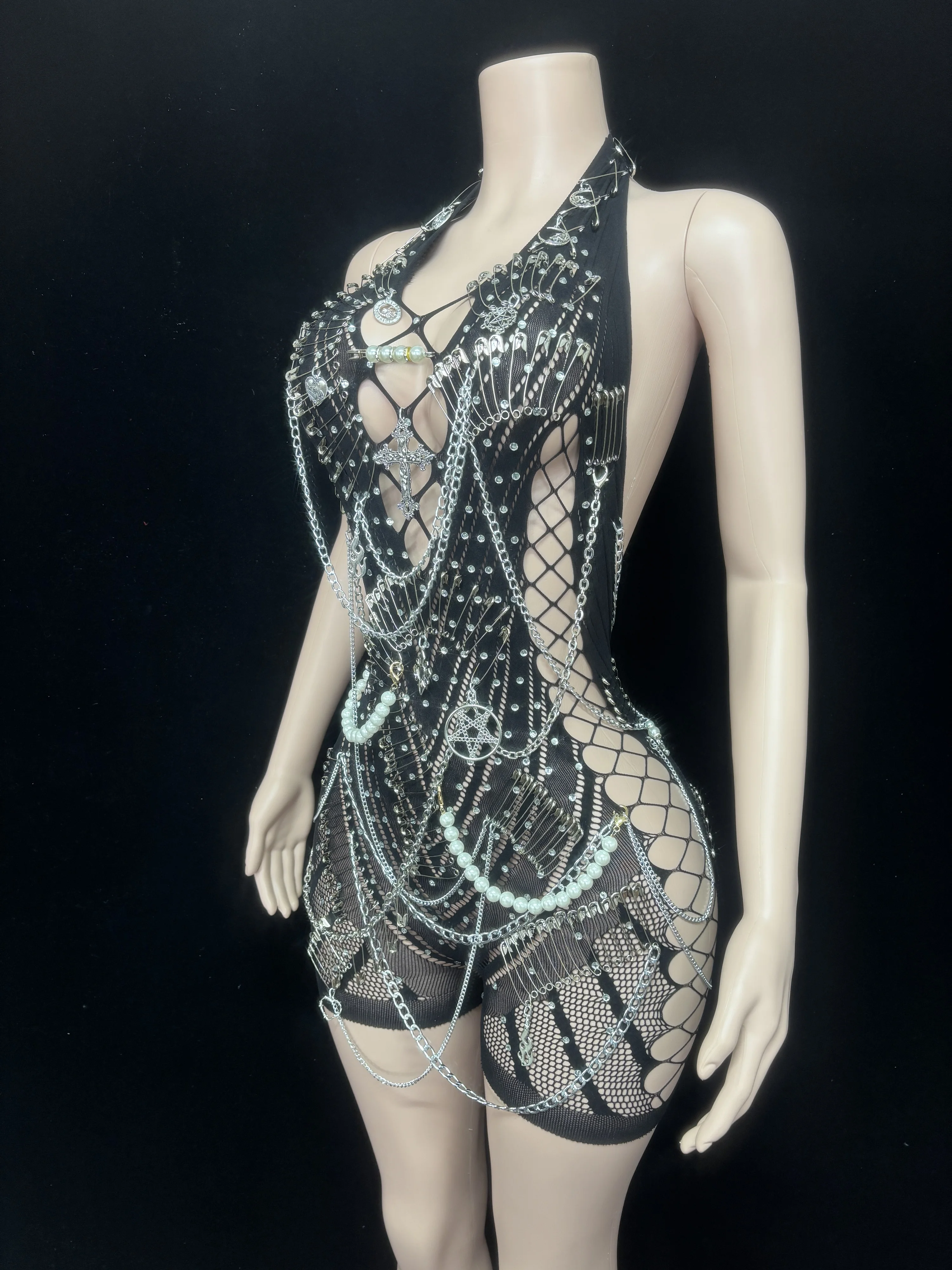 2025New Sexy Pin Pearl Chain Halter Sleeveless Hollow Out Backless Bodysuit Women Cool Nightclub Party Performance Stage Costume