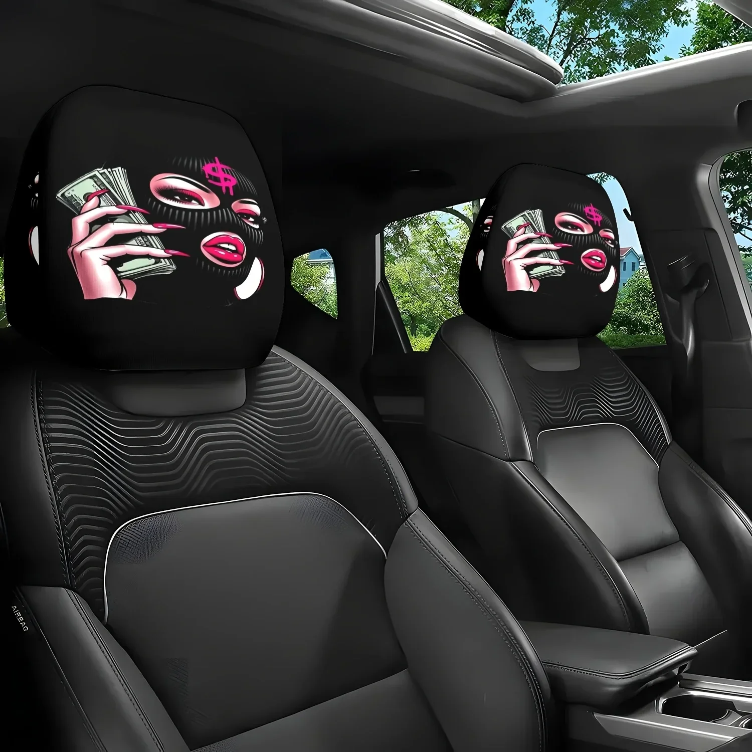 2Pcs Mysterious Mask And Money Temptation Themed Printed Car Seat Cushion And Headrest Covers Featuring A Cute Design