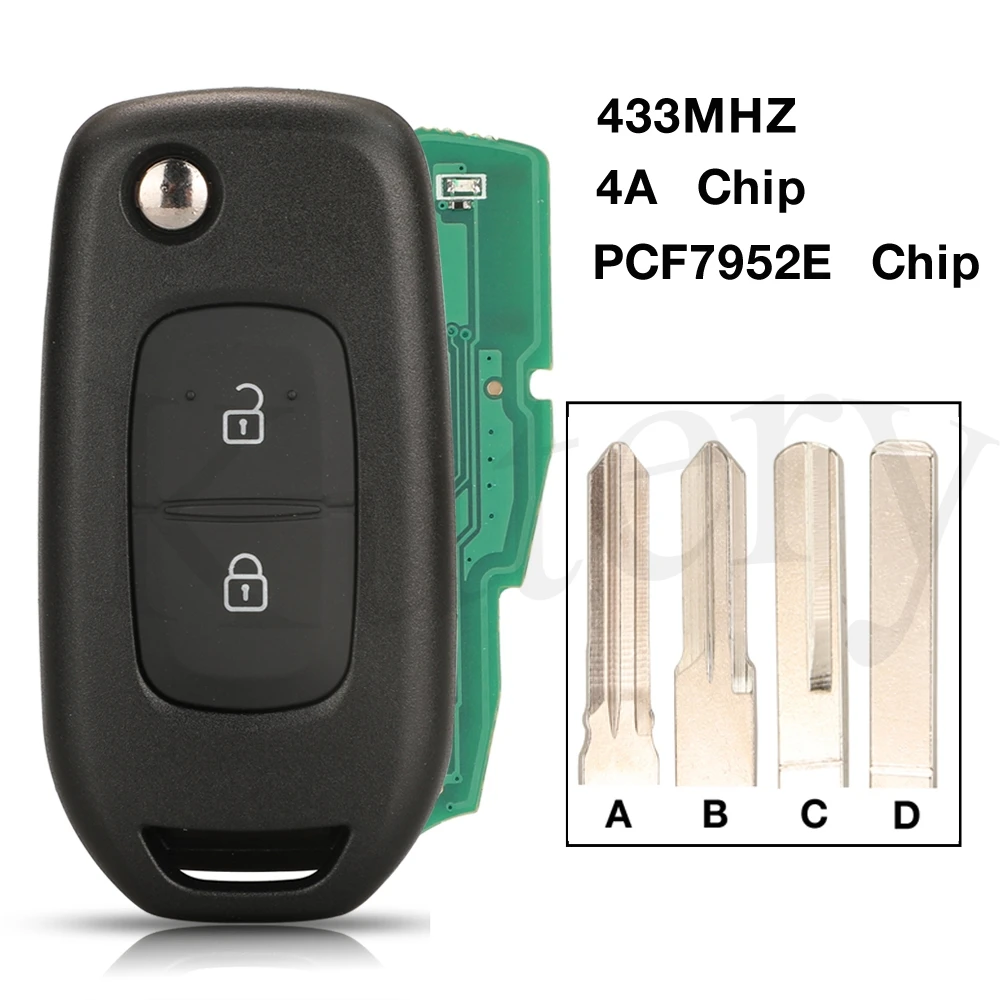 

jingyuqin 2BTN 433MHz PCF7952E 4A Chip Flip Remote Key For Renault Kadjar Captur Megane 3 Symbol With 4 Types Uncut Key Blade