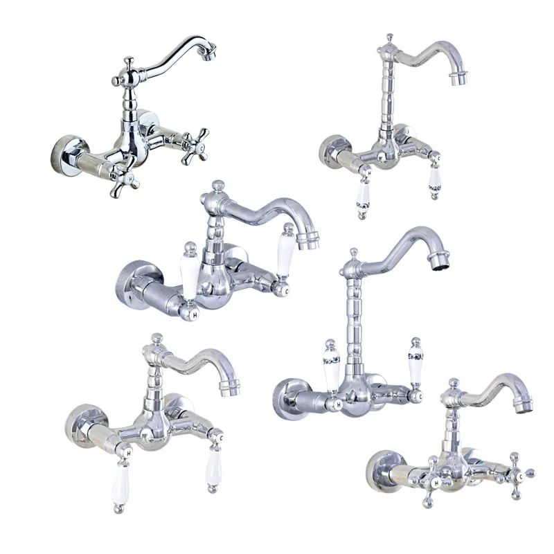 

Polished Chrome Brass Bathroom Kitchen Sink Basin Faucet Mixer Tap Swivel Spout Wall Mounted Dual Handles Levers mzh026