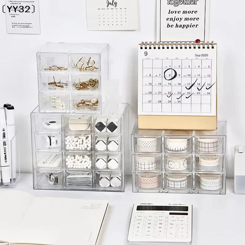 Jewelry Organizer Desktop Storage Box Drawer Type Transparent Shelf Stationary Hair Decoration Box Can Be Stacked Orga〔YY32〕