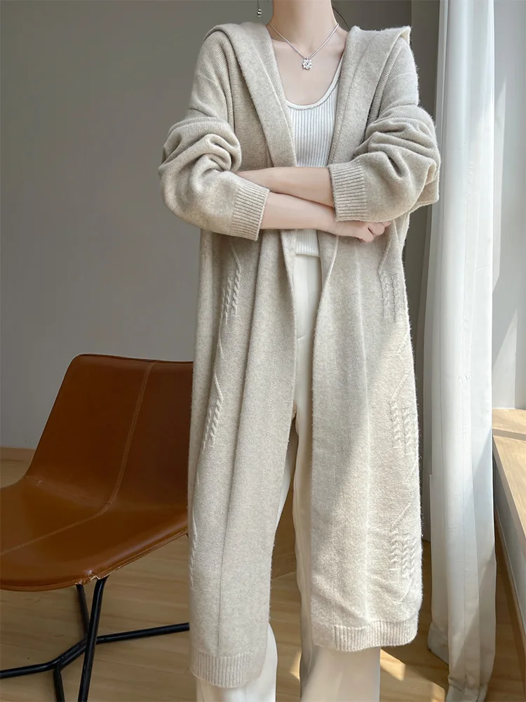 Women's 100% Pure Wool Knitted Cardigan, Thickened, Hooded, Long-Sleeved, Fashionable, Korean Style, Jacket, Autumn/Winter 2024