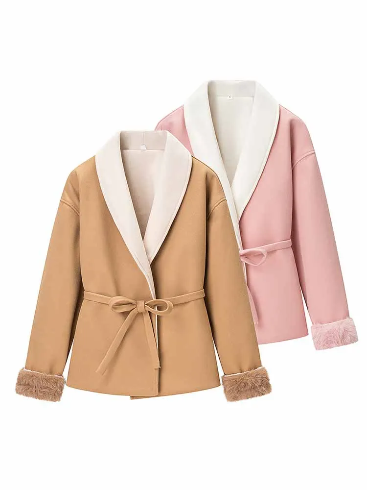 

HH Woman Spring Fashion Versatile Long Sleeves Lapel Lace-Up Decoration Sweet Style Coat Female Loose Comfortable Warm Coat