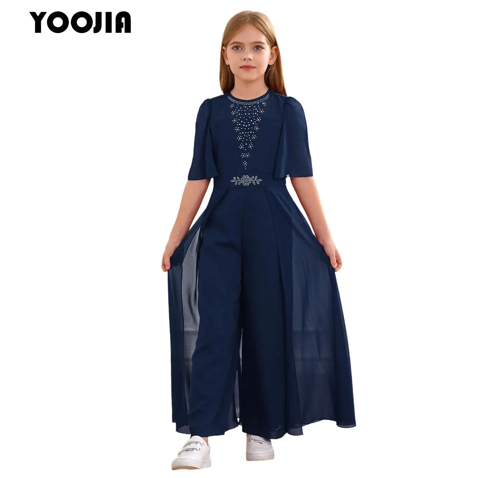 

Kids Girls Chiffon Party Jumpsuit Shiny Rhinestones Tulle Overlay Wide Leg Pants Banquets Flower Girl Trouser Suit Full Bodysut