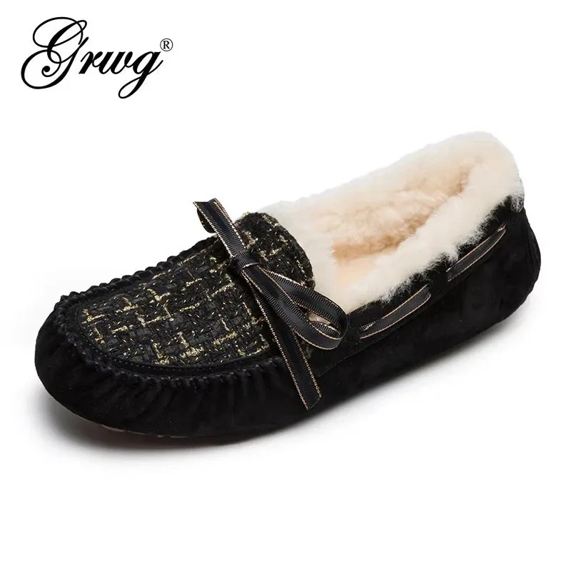 

GRWG Women's Winter Shoes 100% Genuine Leather Loafers with Real Fur Lining Classic Flat Design for Comfort And Style