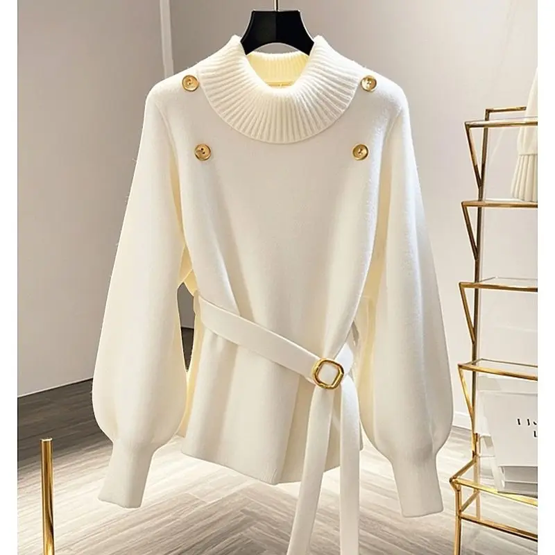 

Autumn Chic Button Sashes Solid Turtleneck Knitwear Women's Clothing High Street Elegant Loose Flare Sleeve Sweaters E11261