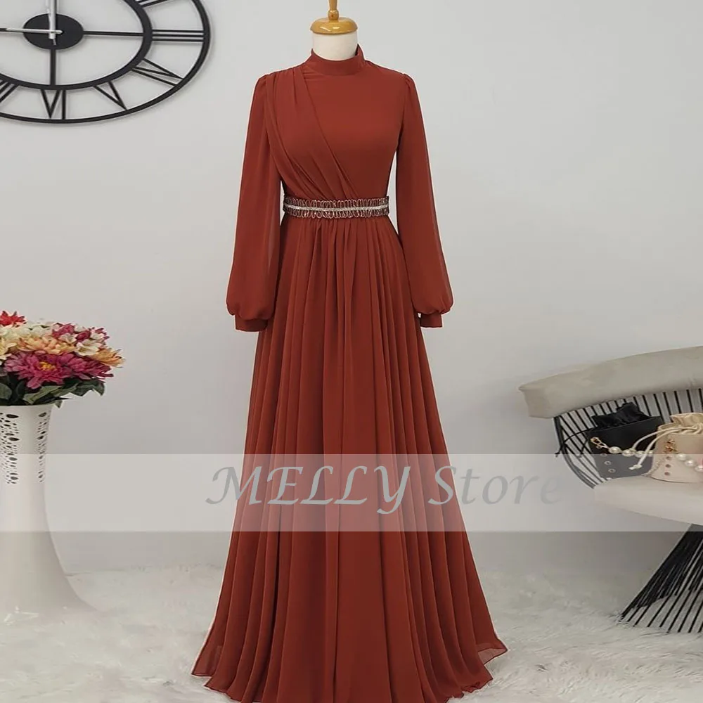 Black Evening Dresses For Women High Neck Full Sleeves Zipper Prom Gowns Belt Chiffon A-Line Floor Length Robes De Soirée