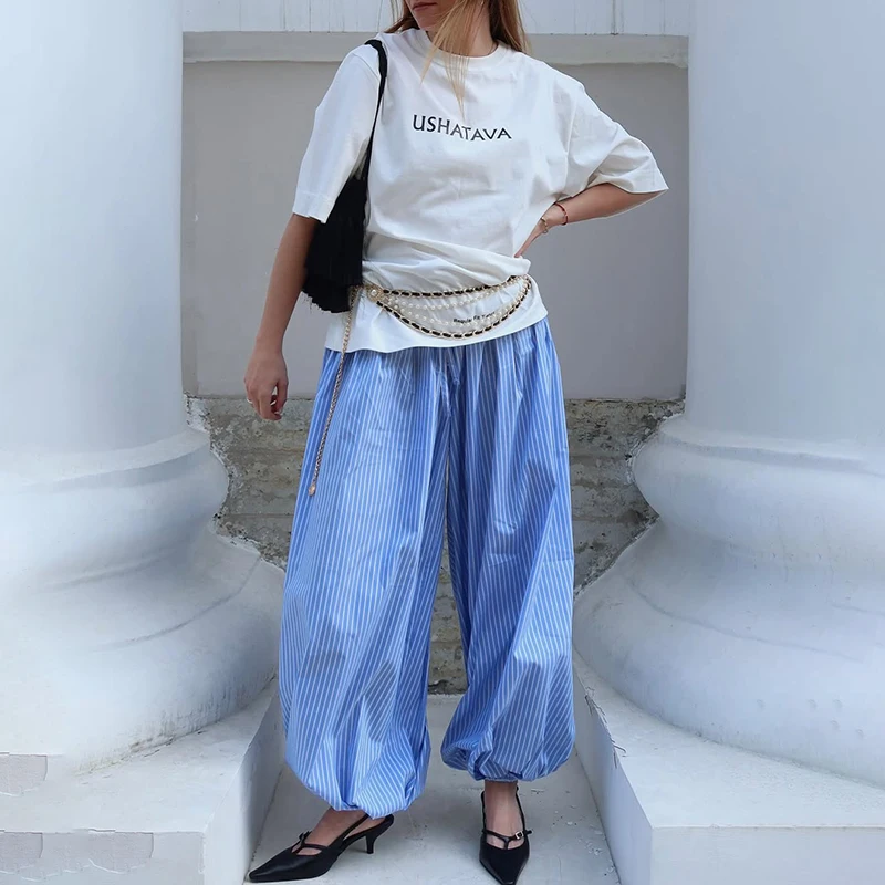 Ticketsx Striped Print Pants Women's High Waist Drawstring Wide Leg Trousers 2025 Summer Female Fashion Casual Loose Pants Y2K