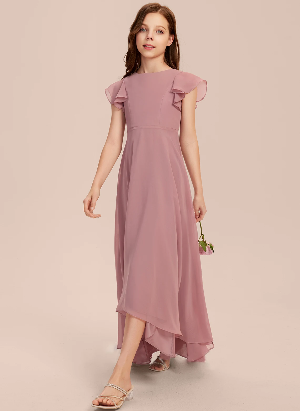 

A-line Scoop Asymmetrical Chiffon Junior Bridesmaid Dress Girls Dresses Ruffled Sleeves Birthday Gifts Party Dresses